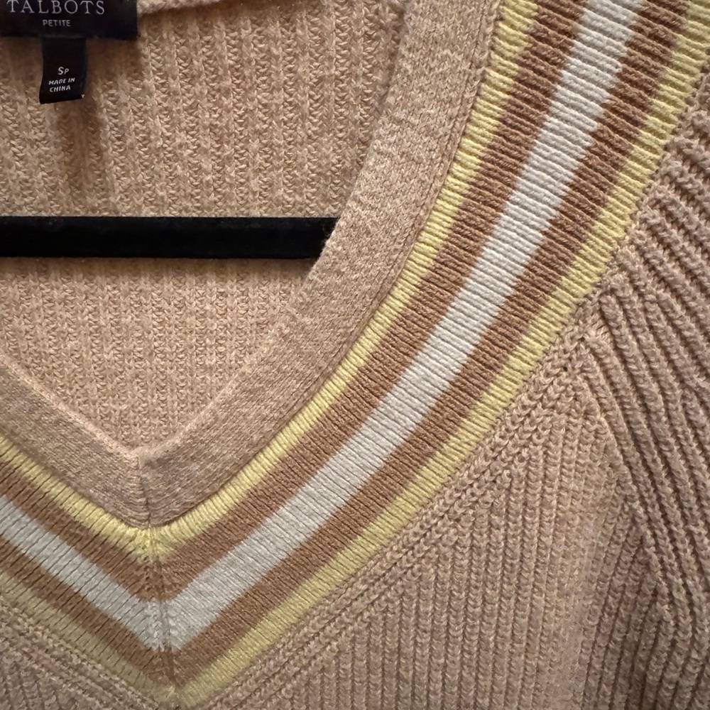 Talbots Small Petite textured Tan V-Neck Sweater with Striped Detail - Picture 6 of 7